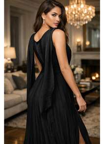 Elegant Casual Tie Back Pleated Formal And Evening - 黑色 - 查看 3