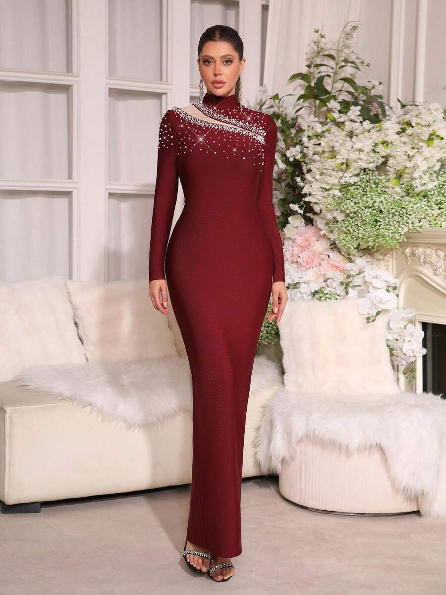 Modphy Elegant Party High Collar Pearl Mesh Patchwork Fitted Long Dress - Burgundy - View 1
