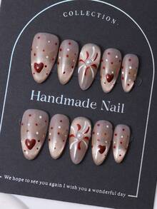 10片/套，手工制作欧式杏仁形美甲贴纸，Y2K红色主题，手绘渐变微闪点，手绘绽放爱心烟花仿珍珠图案美甲装饰。包含1片果冻胶和1个指甲锉。非常适合日常美甲，也适合科切拉音乐节派对造型，是美甲贴纸和指甲护理的理想之选。美甲用品 手工按压式美甲 - 紅色 - 查看 1