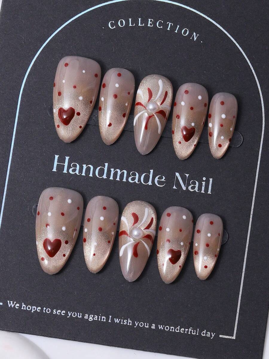 10片/套，手工制作欧式杏仁形美甲贴纸，Y2K红色主题，手绘渐变微闪点，手绘绽放爱心烟花仿珍珠图案美甲装饰。包含1片果冻胶和1个指甲锉。非常适合日常美甲，也适合科切拉音乐节派对造型，是美甲贴纸和指甲护理的理想之选。美甲用品 手工按压式美甲 - 紅色 - 查看 1