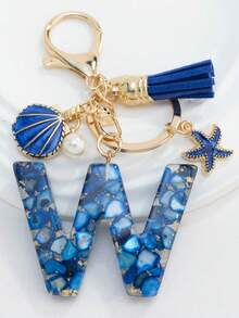 1PC Boho Nautical 26-Letter Resin Keychain - Blue & Golden Initial Pendant With Starfish/Shell/Tassel Charms, Fashionable Key Ring & Couple Bag/Backpack/Beach Bag Charm, Ideal Holiday Gift For Valentine's Day/Birthdays/Parties - Royal Blue - View 21