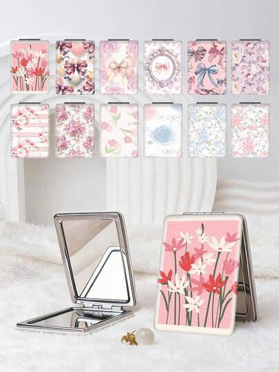 1 Peça Espelho de Vaidade Estilo Y2K Fofo, Espelho de Mão Portátil Dobrável Ultrafino, Couro PU Durável, Uso em Várias Cenas para Todos, Espelho de Bolso Dobrável Retangular com Padrões Fofos de Flores, Borboletas, Tulipas, Rosas, Design de Flip Dupla Face de 180°, Espelho de Maquiagem Portátil Conveniente
