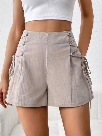 Women's Casual Solid Color Drawstring Zip-Up Shorts Summer