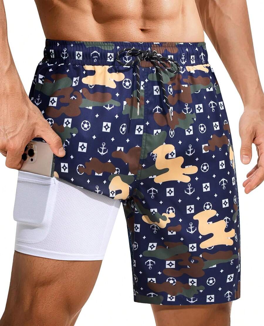 9inch Mens Swim Trunks: 2 In 1 With Compression Liner Stretch Quick Dry Drawstring Shark Pockets Beach Pool VacationA Valentine's Day HVGG - Estampado de camuflaje azul - Ver 1