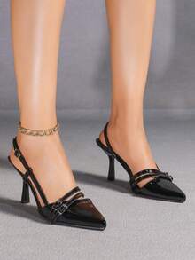 女士黑色时尚派对简约舒适尖头细高跟鞋，日常休闲百搭细跟鞋 - 黑色 - 查看 2