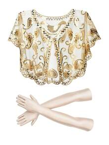 2Pcs D EXCEED 1920s Women's Sequin Shawl With Long Gloves Set, Retro Classic Gatsby Costume Collection - For 20s Retro Party, Balls, Galas, Weddings, Cosplay, Cocktail Party - Multicolor - View 13