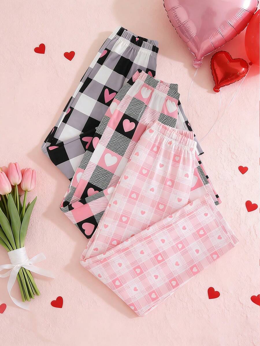 3 Styles Girls Casual Plaid Pants, Heart Pattern, Loose Wide Leg Trousers, Soft & Comfortable, Suitable For Young Girls In Spring & Autumn - Multicolor - View 1