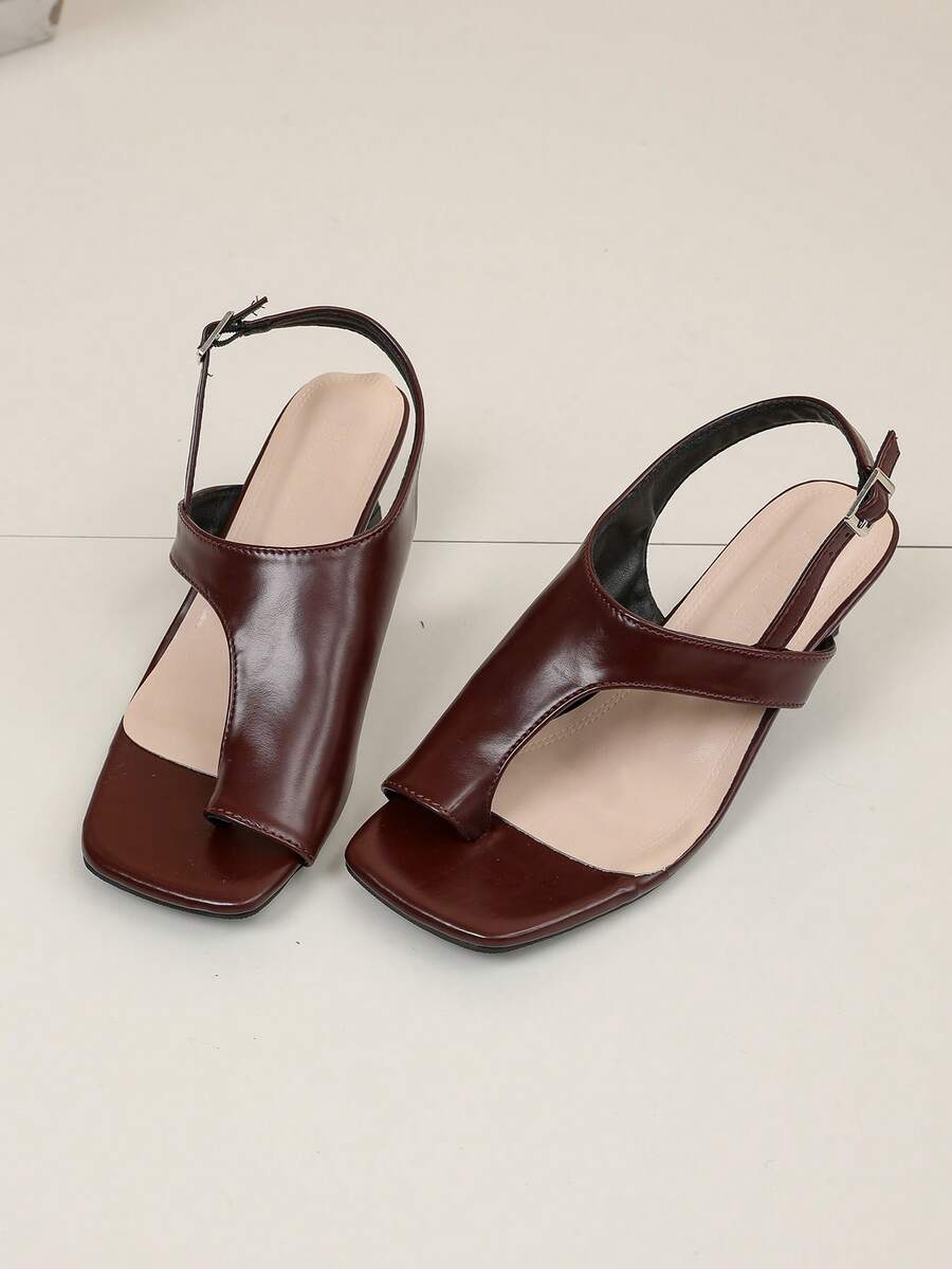 Girls' Burgundy One-Strap Sandals, Square Toe Adjustable Strap Chunky Heel - Brown - View 1