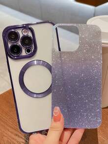 1pc Purple Electroplated Magnetic Gradient Rhinestone Paper Brushed Space Case With Built-In Lens Protector Film, 2-In-1 Ultra-Thin Phone Case Compatible With Apple 17 Pro/17 Pro Max/17 Air/17/16 Pro/16 Pro Max/16 Plus/16/15 Pro/15 Pro Max/15 Plus/15/14 Pro/14 Pro Max/14 Plus/14/13 Pro/13 Pro Max/13/12 Pro/12 Pro Max/12/11 Pro Max/11 - Purple - View 3