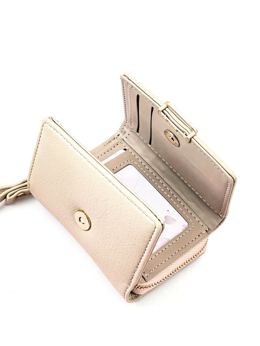 Cartera plegable corta de piel sintética PU para mujer, multifuncional con cremallera, gran capacidad, monedero, portacartas, cartera mini, cartera pequeña, cartera linda, cartera con muñequera - Albaricoque - Ver 1