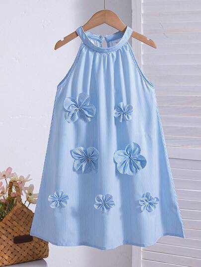 Girls' Casual Solid Color Sleeveless Knee-Length Dress With 3D Floral Back Design, Spring/Summer