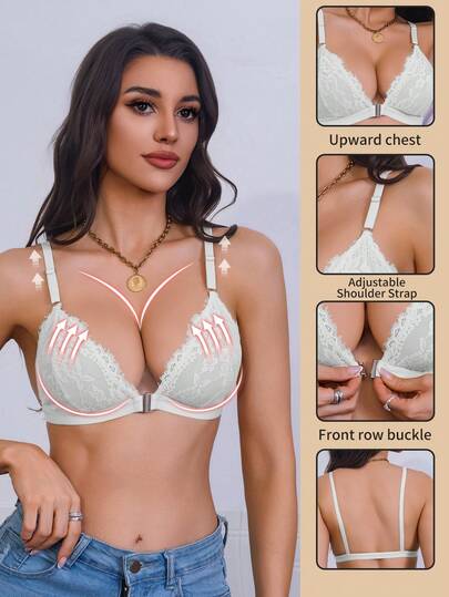 一件舒适前扣式蕾丝装饰文胸，时尚设计，适合日常穿着，多种尺码完美贴合，提供良好支撑。