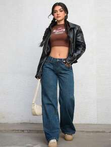 Vaqueros de pierna ancha y larga para mujer, estilo casual, con bolsillos, cremallera y botones, elasticidad media. - Azul - Ver 3