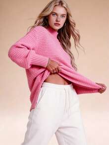 Women's Mock Neck Chunky Knit Sweater, Oversized Textured Multi-Color Pullover, Cozy & Stylish Spring Essential, Elegant Side Split Long Sleeve Jumper, Casual Spring Knit Top, Transitional Layer Piece, Perfect For New Year & Valentine's Day - 粉紅色(升級款) - 查看 6