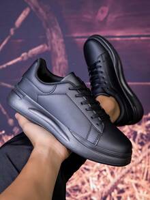 男士春季休闲网面运动鞋，百搭时尚全黑透气跑步鞋 - 黑色 - 查看 3