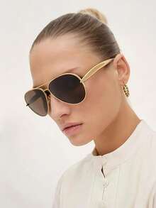 Large Frame Double-Bridge Metal Fashion Glasses, Toad Eye Glasses, High-End Retro Personalized Versatile Fashion Glasses, Suitable For Daily Wear, Street Photography, Vacation Travel, Summer Beach And Other Occasions, Ideal Accessory For Summer Beach Vacation, Outdoor Activities And Travel. Retro Style Super Large Aviator Frame, Suitable For Outfits And Back To School Season. - Champagne - View 11