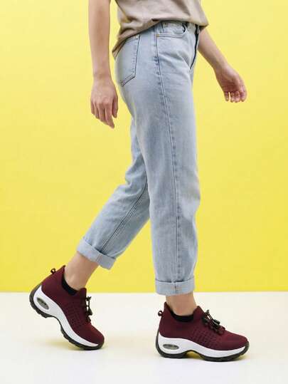 Zapatillas deportivas casuales de punto con amortiguación de aire y cordones para mujer, color rojo