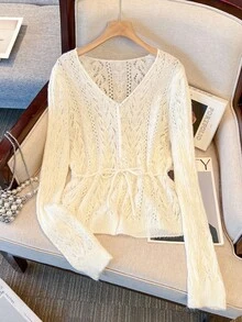 Women's Long Sleeve Knitted Cover Up Top, Personalized Twist Hollow V-Neck Tie Waist Spring Outerwear Knit Cover-Up, Beach Cover-Up - Apricot Color - View 1