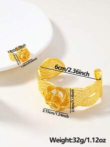 2pcs Middle Eastern Bride Hollow Exaggerated Bracelet & Ring Jewelry Set, Dubai Wedding Jewelry, Suitable For Banquet, Party, Evening Gown - Yellow Gold - View 10