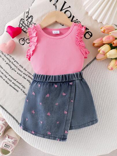 2pcs Baby Girl Soft Solid Color Ruffle Trim Sleeveless Top And Heart Embroidered Denim Shorts Set