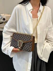 Retro Chic Niche One Shoulder Diagonal Underarm Buckle Floral Print Commuter Stylish Elegant High-End Small Square Bag - Brown - View 4