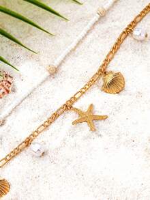 2pcs Bohemian Style Multi-Layer Beach Pearl & Starfish Beaded Waist Chain, Women Beach Body Jewelry