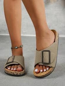 Women's Casual Fashion Versatile Flat Sandals, With Arch Support And Adjustable Buckle, Wear-Resistant Non-Slip, Round Toe Single-Strap Sandals - Sand - View 3