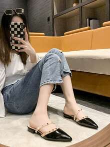Queen Aura Style, Glossy Rivet Pointed Toe High Heel Sandals, Slimming Chunky Heel Outdoor Slippers, Perfect For Skirts And Jeans - Black - View 5