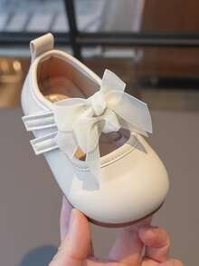 女童公主鞋，软底婴儿真皮蝴蝶结鞋，平底玛丽珍学步鞋，春秋季 - 米色 - 查看 2