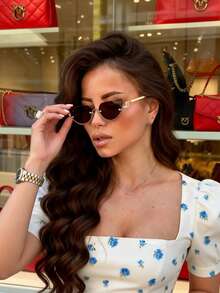1pc Metal Half-Frame Semi-Round Retro Fashion Glasses , Versatile Suitable For Daily Wear, Driving, Street Photography, Vacation, Beach, Back To School Cat Eye Style - Gold Frame Brown - View 2