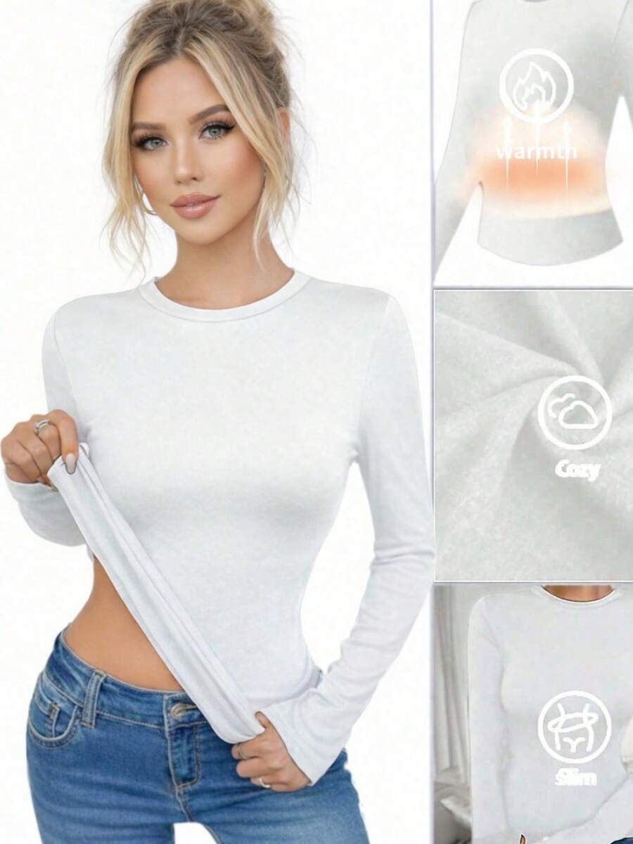 1 chiếc áo lót giữ nhiệt dài tay cổ tròn dáng ôm dành cho nữ, thích hợp mặc mùa thu/đông, đa năng cho yoga, thể thao và mặc nhiều lớp. Màu trắng. - trắng - Xem 1