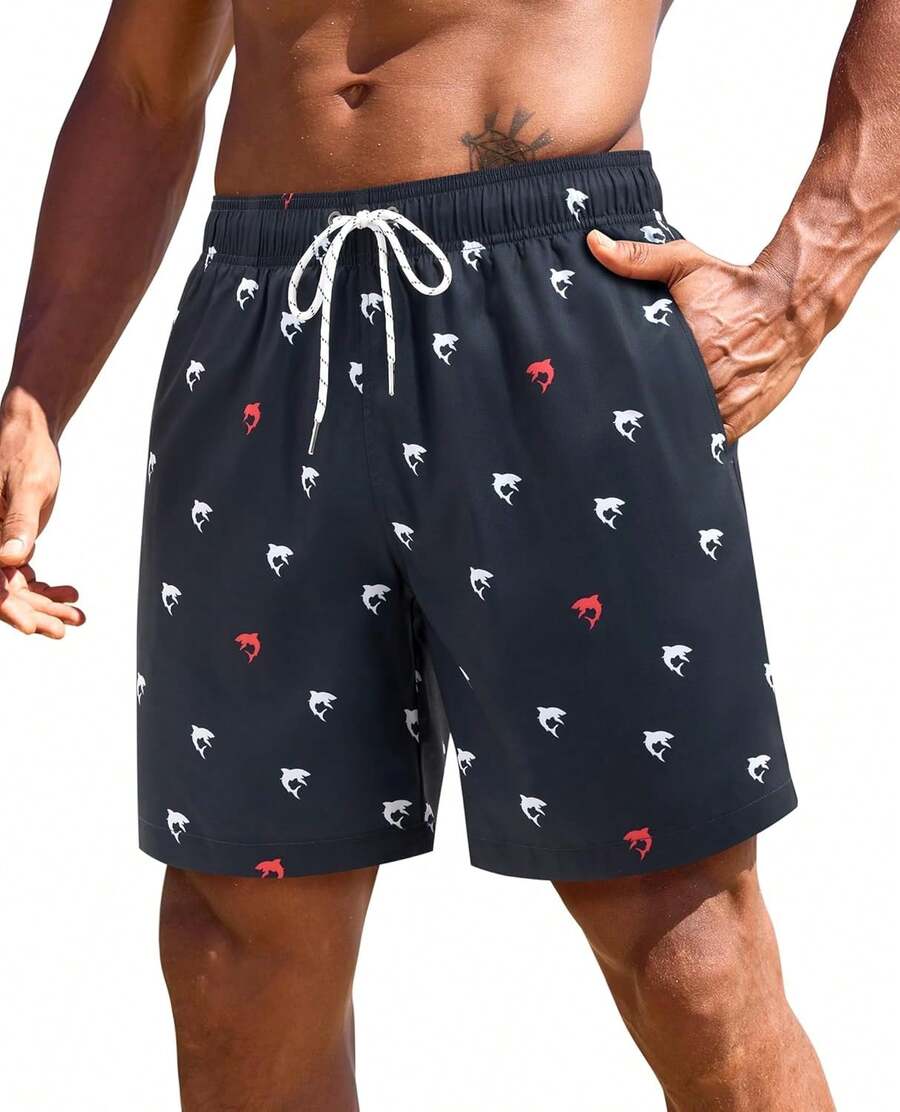 7inch Mens Swim Trunks: 2 In 1 With Compression Liner Stretch Quick Dry Drawstring Shark Pockets Beach Pool VacationA Valentine's Day 976M - Tiburón blanco de fondo azul - Ver 1