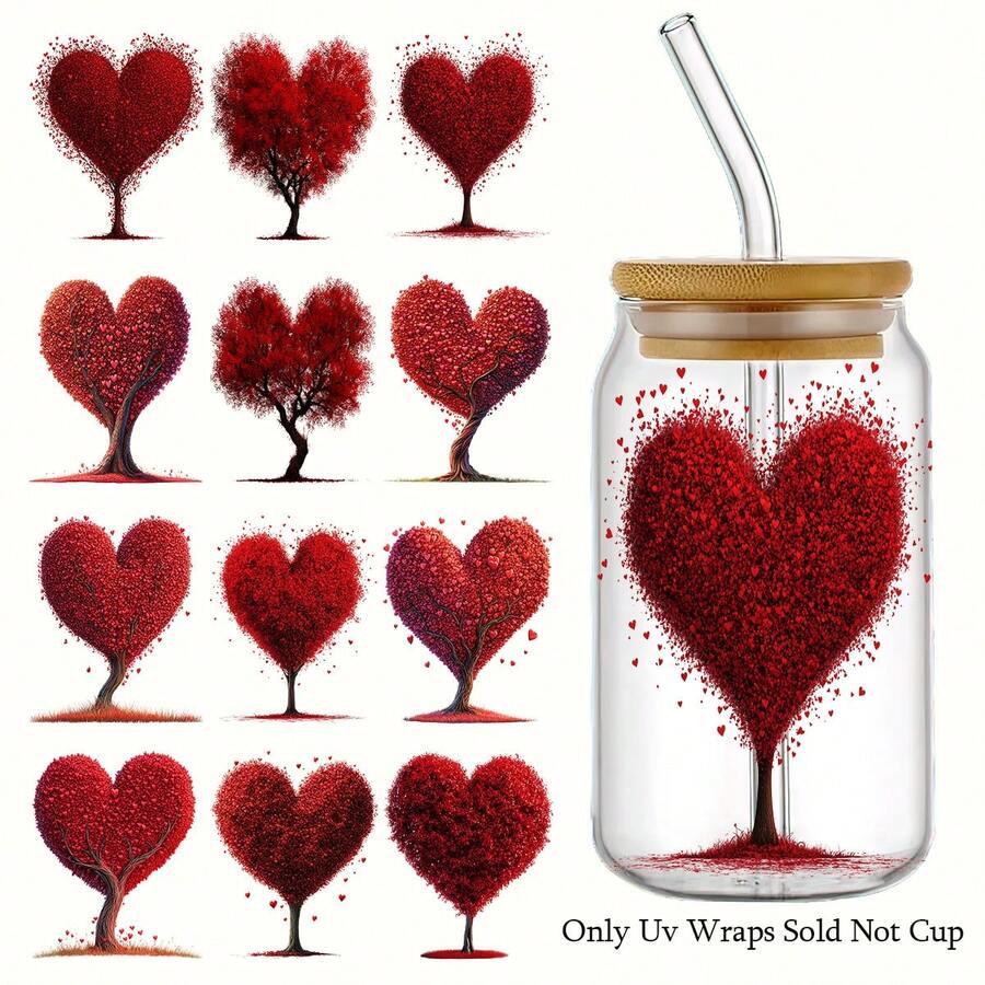 12pcs Heart-Shaped Tree Theme Valentine's Day Stickers, UV DTF Transfer Stickers With Vivid Heart-Shaped Tree Pattern, Suitable For Cups, Bottles, DIY Furniture, Glass, Glassware, Bottles And Handicrafts (Excluding Mugs) - Multicolor - View 1