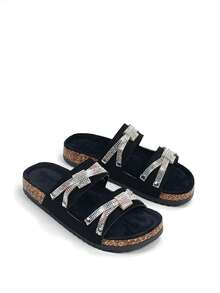 roulvxiang 2026 Nouvelle Conception de Nœud Papillon Pailleté de Strass, Pantoufles Décontractées à Couleur Unie avec Semelle Souple, Sandales d'Été Confortables pour l'Extérieur et la Plage - Noir - Voir 3