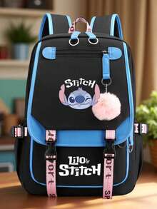 Stitch Student Backpack, Classic Cartoon Print Backpack - Cute Blue And Pink Zipper Closure, Laptop Compartment, Durable Polyester Material, Lightweight And Fashionable, Suitable For Commuting And Back To School Essentials, Padded Shoulder Straps With Safety Zipper Closure, Travel Daypack, Interesting Design, Sturdy Construction - Multicolor - View 3