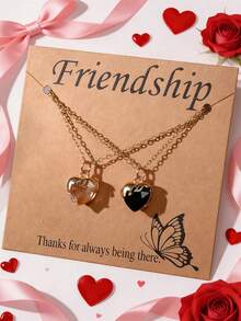 两件套时尚心形金属镶嵌水晶锆石钻石吊坠项链套装，男女皆宜，情人节、送给爱人、朋友的礼物 - 彩色 - 查看 22