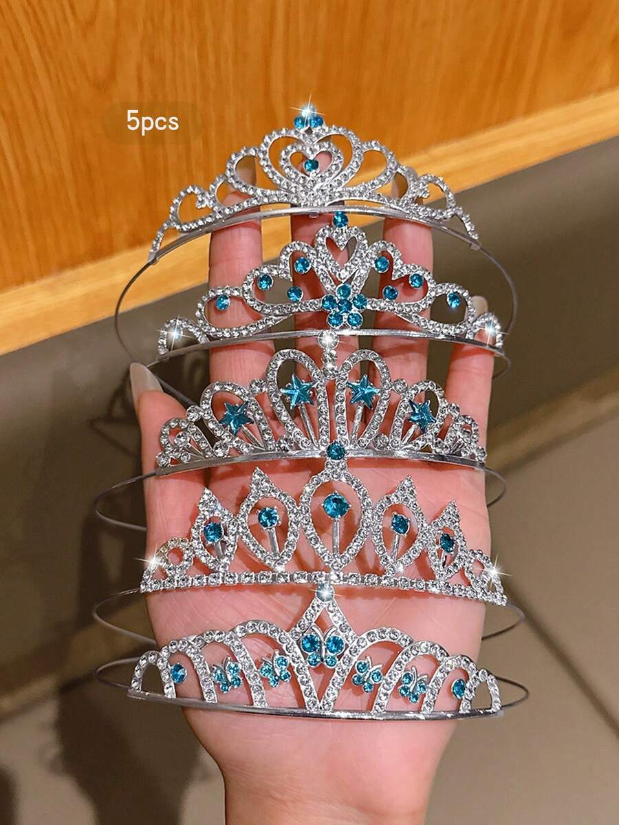 5pcs Silver Crown Tiara, Fashionable & Sweet Style, Suitable For Performance And Birthday Party, Affordable Hair Accessories - Silver - View 1