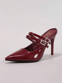 时尚穆勒高跟鞋，性感尖头超高跟派对鞋，细跟酒红色女士套脚凉鞋 - 酒紅色 - 查看 12