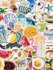 50张卡通夏季海滩贴纸，可爱度假风贴纸套装，海洋旅行水彩时尚INS贴纸，适用于水瓶、滑板、行李箱、笔记本电脑、汽车贴纸、派对用品 - U - 查看 10