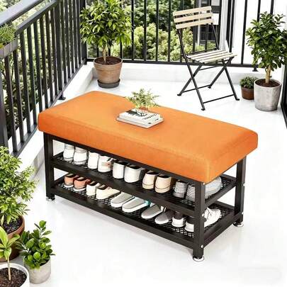 [Soft Cushion Shoe Stool] Modern Shoe Changing Stool With Soft Cushion - Multi Compartment Shoe Storage Organizer, Space Saving Metal Frame Shoe Rack For Bedroom Or Foyer, Easy To Install Entrance Passage Storage