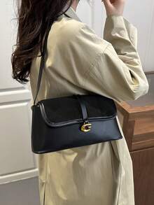 女士单肩包，时尚百搭翻盖法棍包，通勤休闲腋下包 - 黑色 - 查看 3