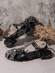 Women's Fashion Gladiator High Heel Sandals, Casual Versatile, Leopard Print, Suitable For Vacation, Party, Beach, Office, Comfortable Sandals - Black - View 6