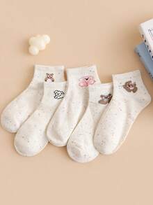 5双装女士波点网眼可爱卡通动物印花休闲短袜，米色，适合春夏穿着