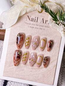10 Pieces Handmade Almond-Shaped False Nails With Amber Smudge, Golden Lines And Circle Carvings. Features Hand-Painted Amber Smudge, Golden Circle 3D Water Ripple Lines, And Handcrafted 3D Three-Dimensional Spot Carvings. These Elegant, Romantic And Minimalist Press-On Nails Present A High-End, Sexy And Light-Luxury Style. Suitable For Daily Wear, Dates, Concerts And Light Business Occasions, They Are An Excellent Gift For Women And Girls. - Multicolor - View 12