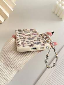 Cream Textured Wavy Edge Glossy Oil Heart Leopard Print Painted Anti-Drop Phone Case With Beaded Bracelet Accessory, Compatible With Samsung Galaxy S25/S25PLUS/S25 Ultra/A16/A36/A26/A56/A50/A12/A32/A52/A72/A51/A21S/A13/A14/S24/S24PLUS/S24Ultra,S22/A52/A53/A54/A55S23, 11/12Pro/12/12X/13Pro/14Pro/15Pro, Redmi 10/9/Note9/12c/Note11pro/Note8Pro - Multicolor - View 2