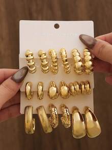 Women's Statement Earrings Set, Geometric Pleated Texture Resin Drop Studs, Elegant & Versatile, Fit For Daily Wear/Vacation/Party, Ideal Mother's Day Gift Choice - Gold - View 2