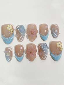 10片装蓝色法式3D立体杏仁形短款可爱花朵Y2K温柔少女ins风手工可佩戴美甲贴片，适合日常佩戴，按压式美甲贴纸，美甲配件，美甲用品，手工按压式美甲贴片 - 藍色 - 查看 3