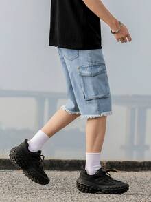 Teenage Boys' Casual Campus Fashion Straight Leg Denim Shorts, Versatile Streetwear - Light Wash - View 5