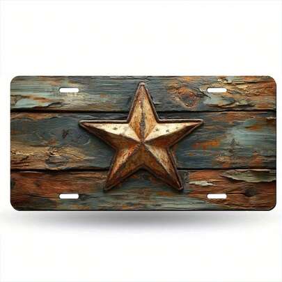 Car P, Front License Plate Ornament Exquisite Country Style Wood Grain Background Pattern With Star Metal License Plate Suitable For American Standard Car Logo Accessories Unisex 6 X 12inch With 4 Holes License Plate Protector CP