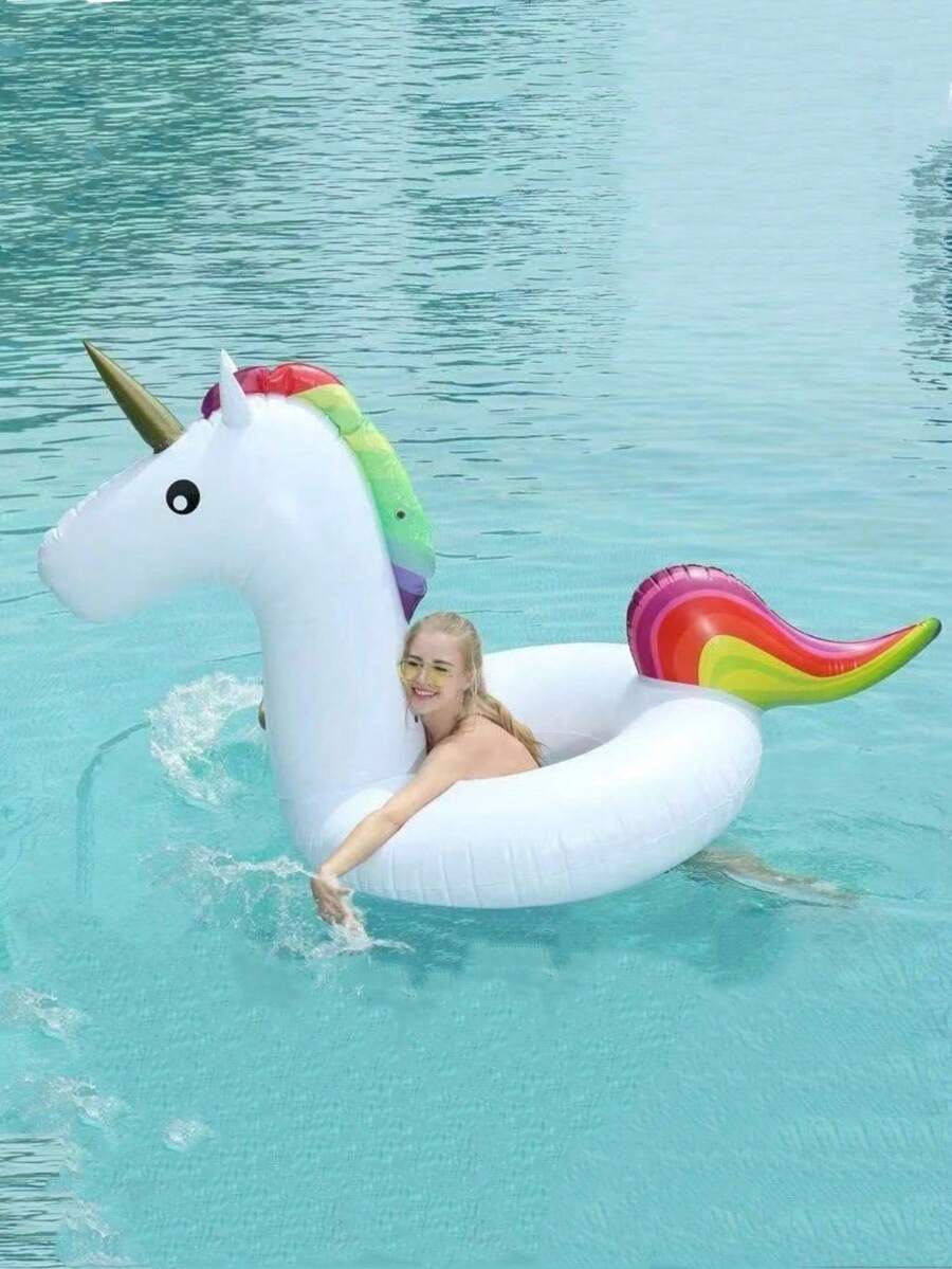 1 pieza - Flotador de natación grande con diseño de unicornio, personalizable, anillo de vida inflable de 120/90 cm de grosor, flotador de agua inflable con diseño de unicornio blanco y arcoíris - Multicolor - Ver 1